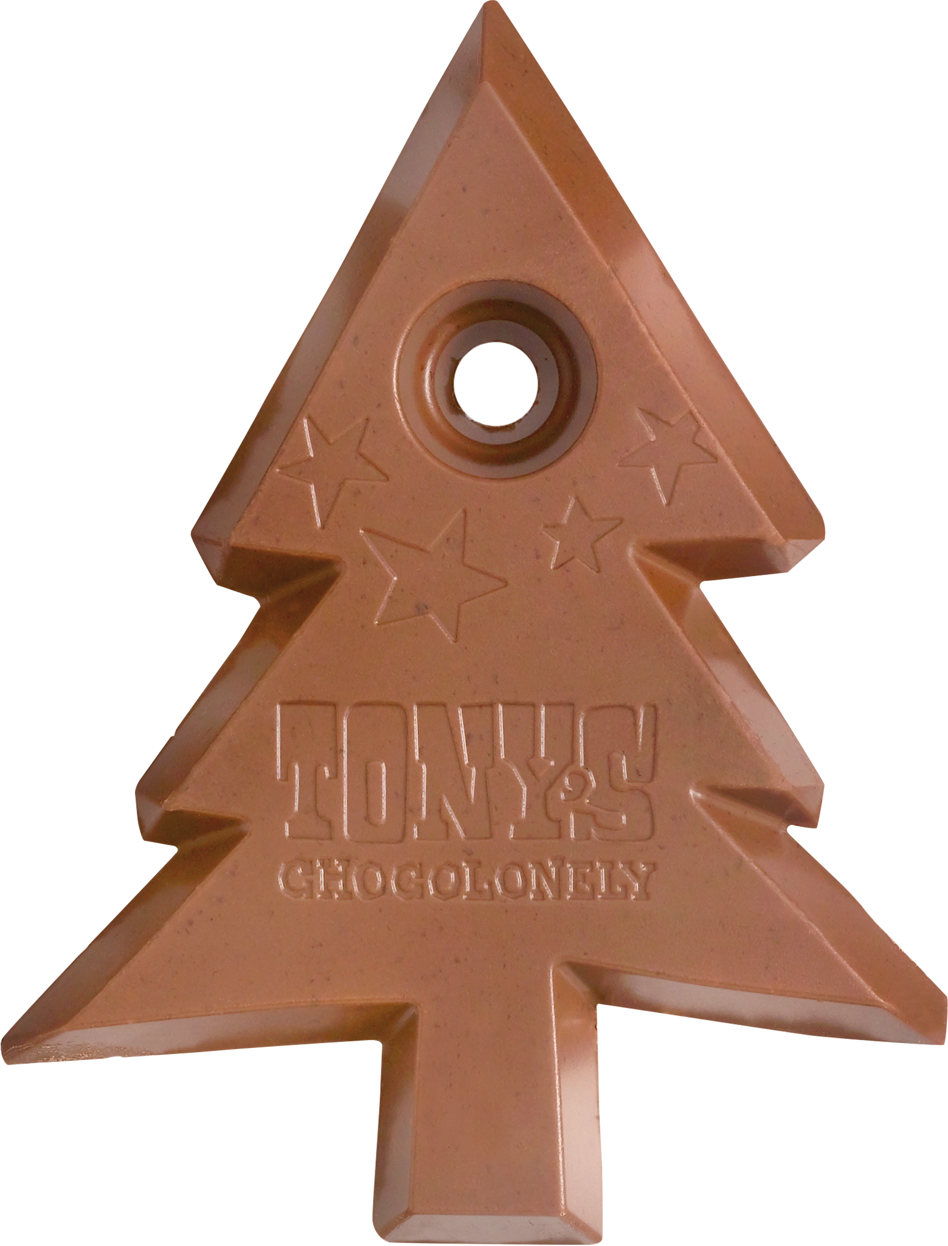 Chocoladestuk in kerstboomvorm van Tony’s Chocolonely melk gingerbread met logo en ophangoogje voor kerstdecoratie.