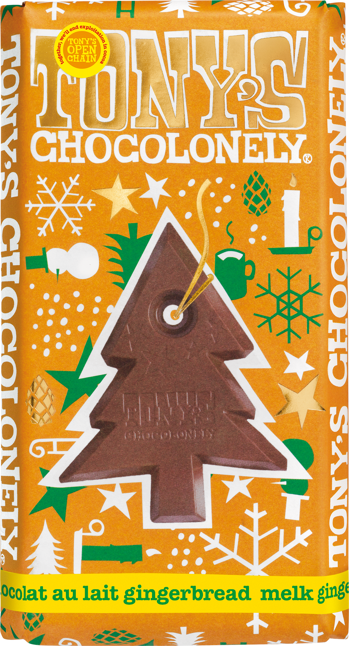 Melk gingerbread kerstchocoladereep van Tony’s Chocolonely in gouden feestverpakking met uitsnede in kerstboomvorm.