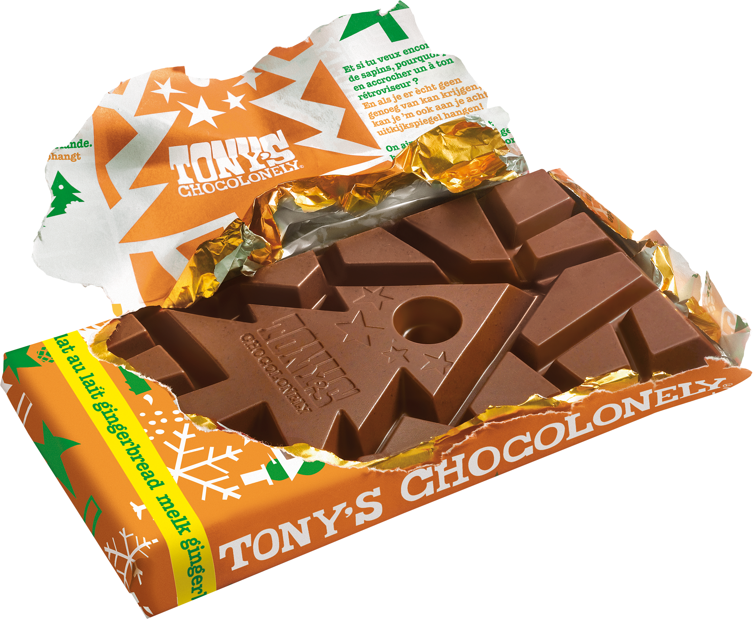 Gedeeltelijk geopende melk gingerbread chocoladereep van Tony’s Chocolonely met gouden folie en feestelijk kerstboomgedeelte binnenin.