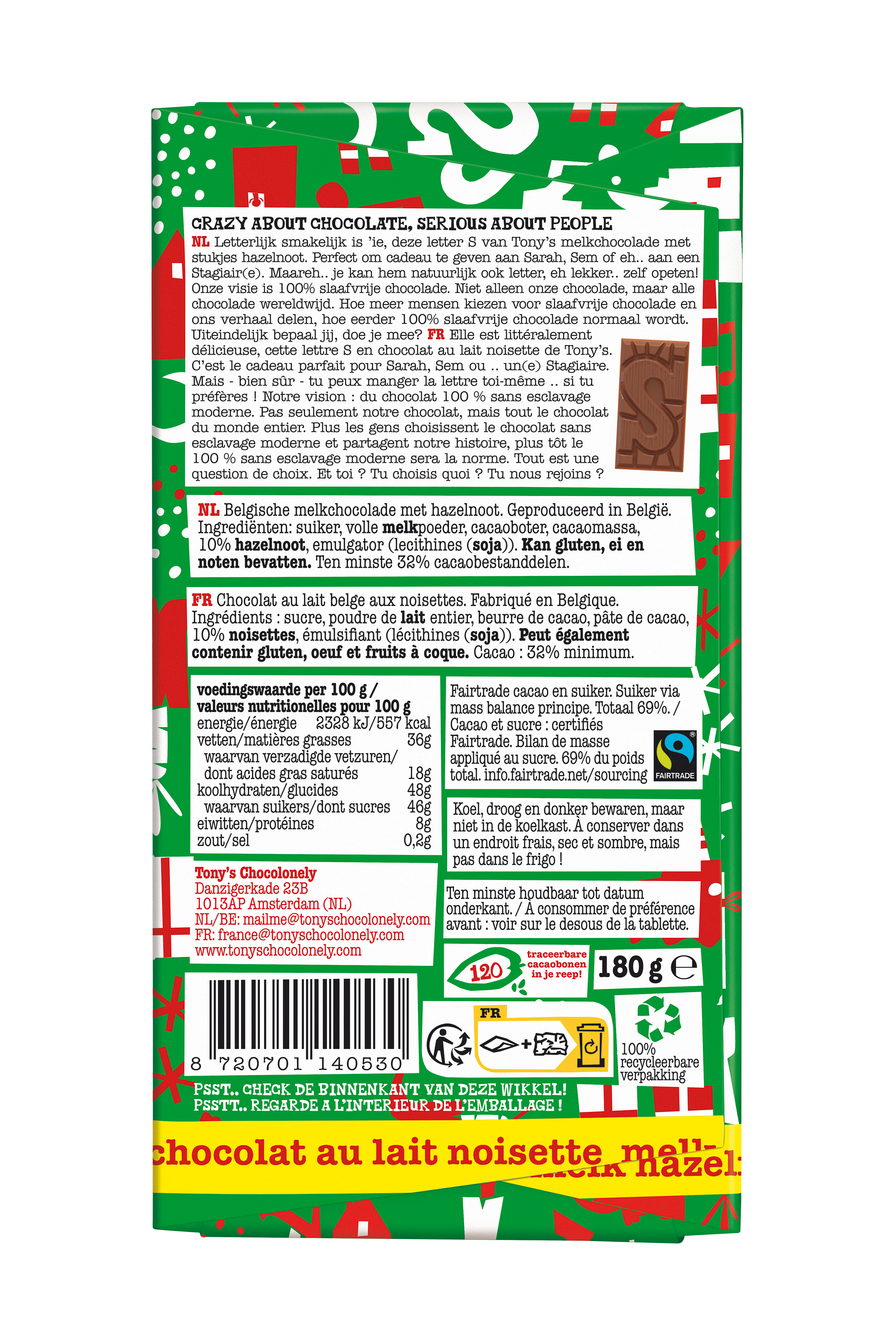 Achterkant van Tony’s Chocolonely melk chocolade hazelnoot letter S voor Sinterklaas met ingrediënten, voedingswaarden en Fairtrade-details.