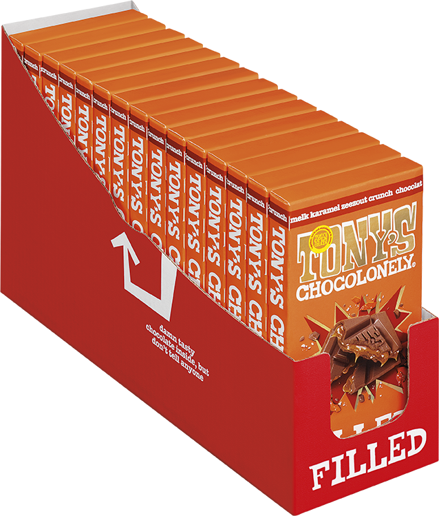 Filled melkchocolade karamel zeezout crunch, 15 repen