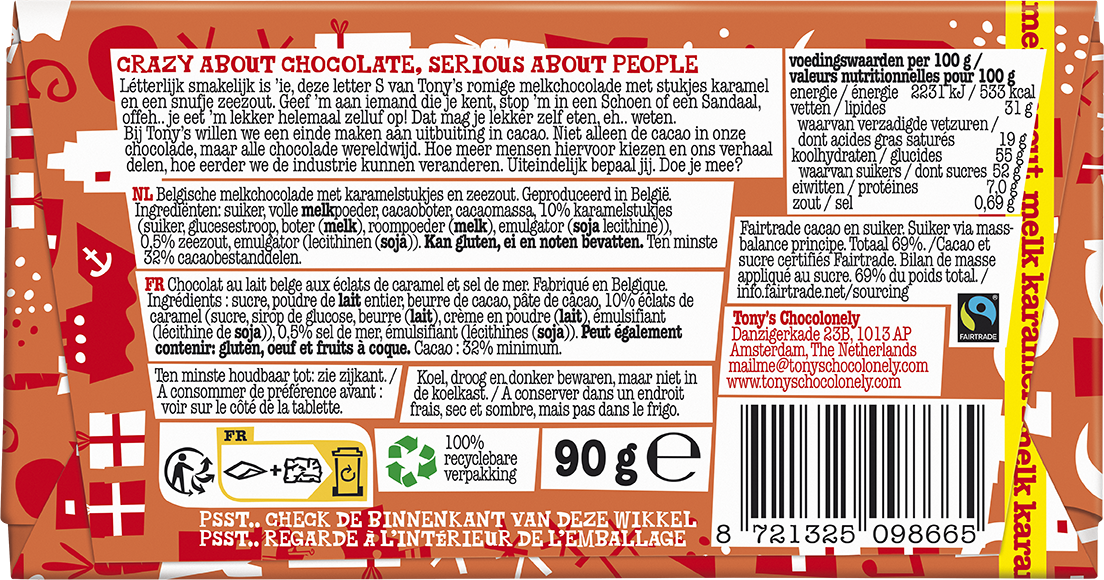 Schoenletter S melk karamel zeezout, 90gr