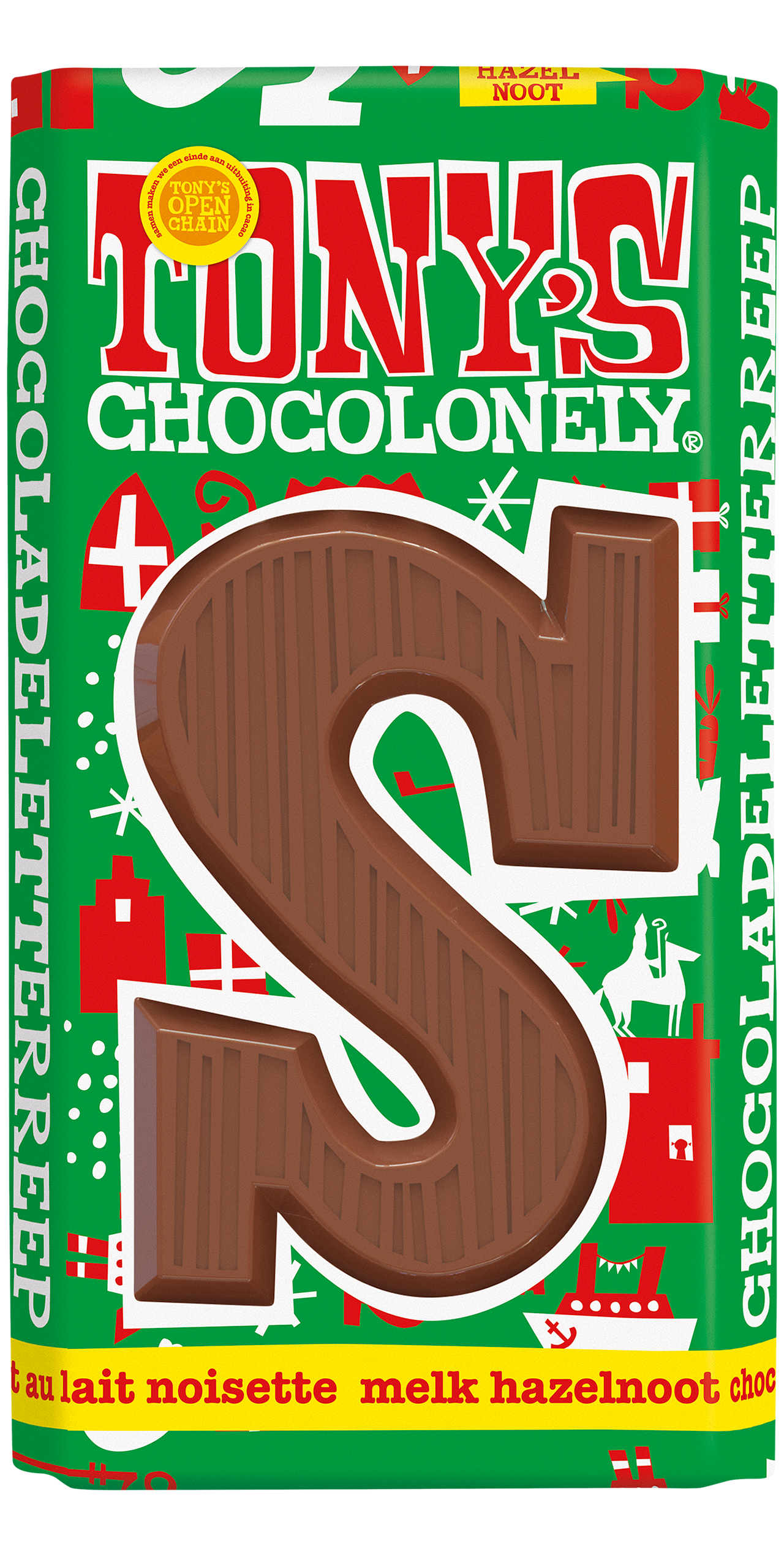 Tony’s Chocolonely Sinterklaas chocoladeletter S in melk chocolade hazelnoot smaak in feestelijke groene verpakking.