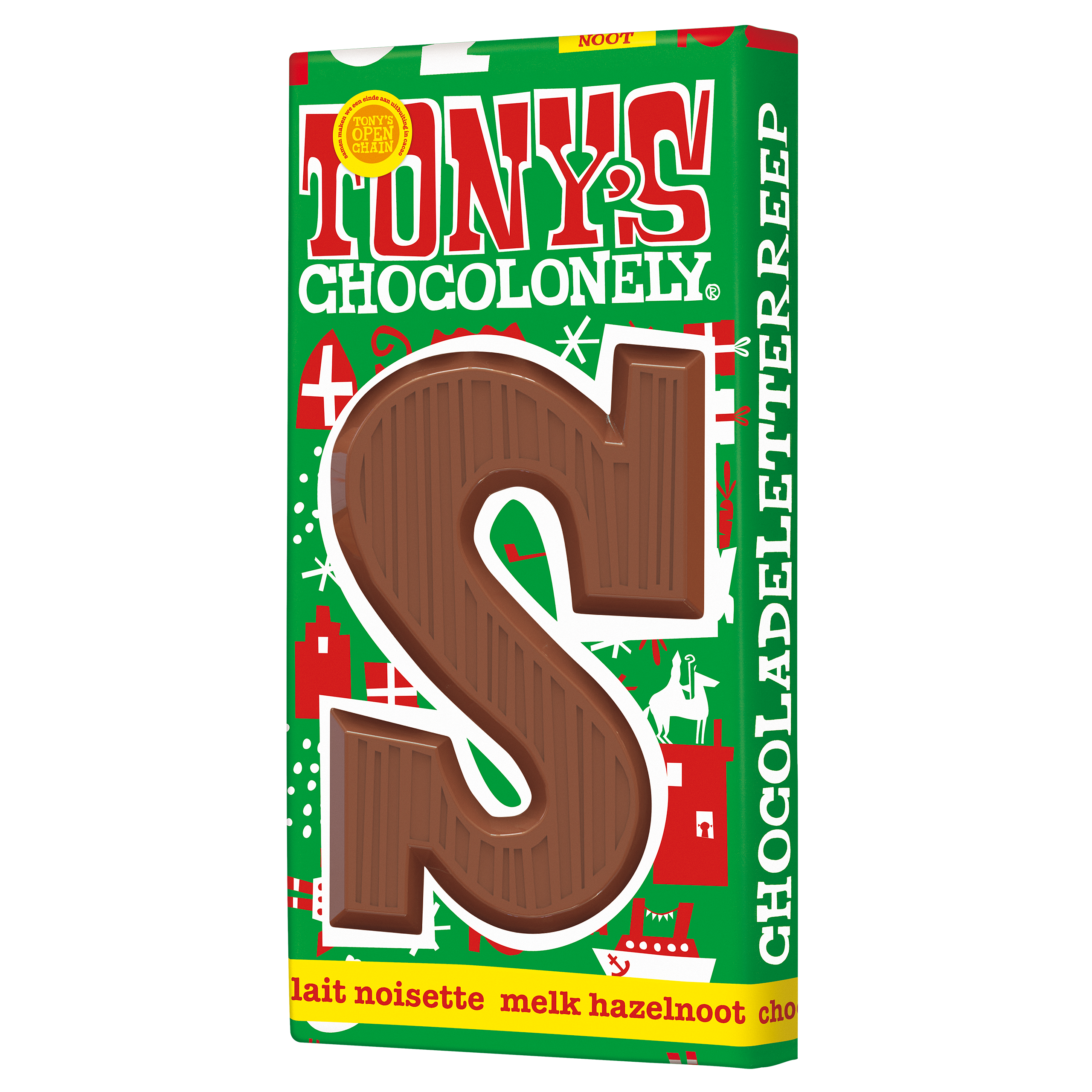 Schuine weergave van Tony’s Chocolonely melk chocolade hazelnoot letter S voor Sinterklaas met gevormde S-vorm.