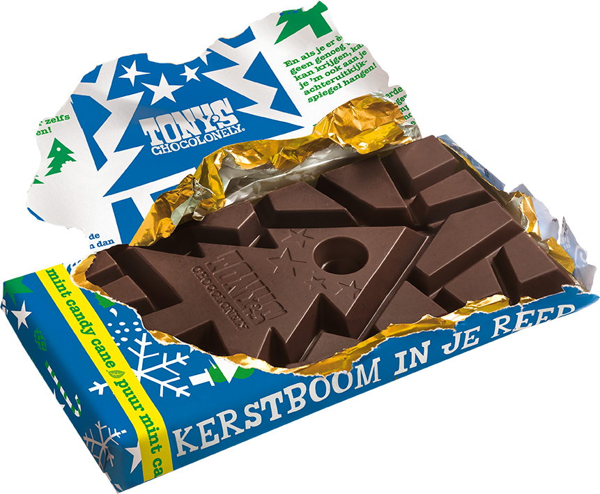 Achterkant van Tony’s Chocolonely mint candy cane kerstreep met ingrediënten, Fairtrade-info en informatie over cacaobronnen.